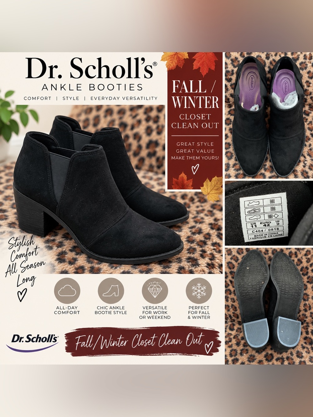 Dr. Scholl's Black Suede Ankle Booties with Block Heel